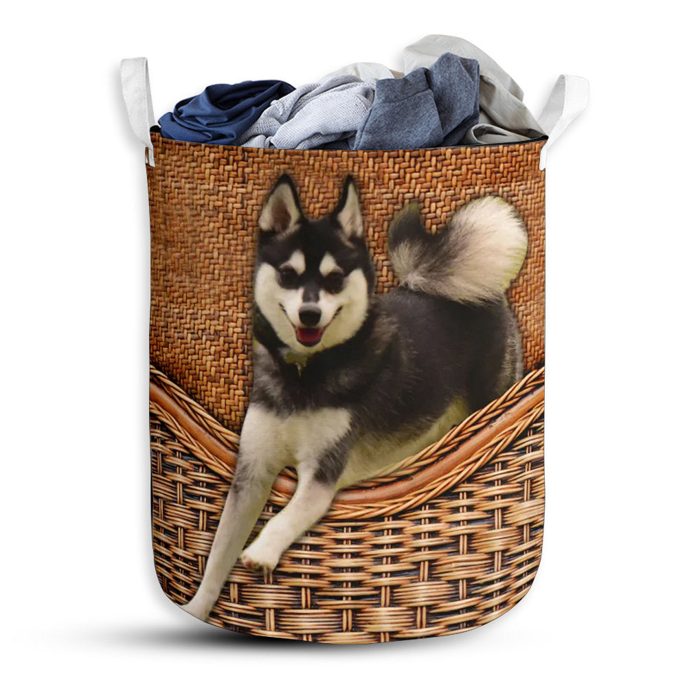 S: 17.72”x13.78” (45x35 cm) Alaskan Klee Kai Dog Rattan Teaxture - Laundry Basket - Owls Matrix LTD