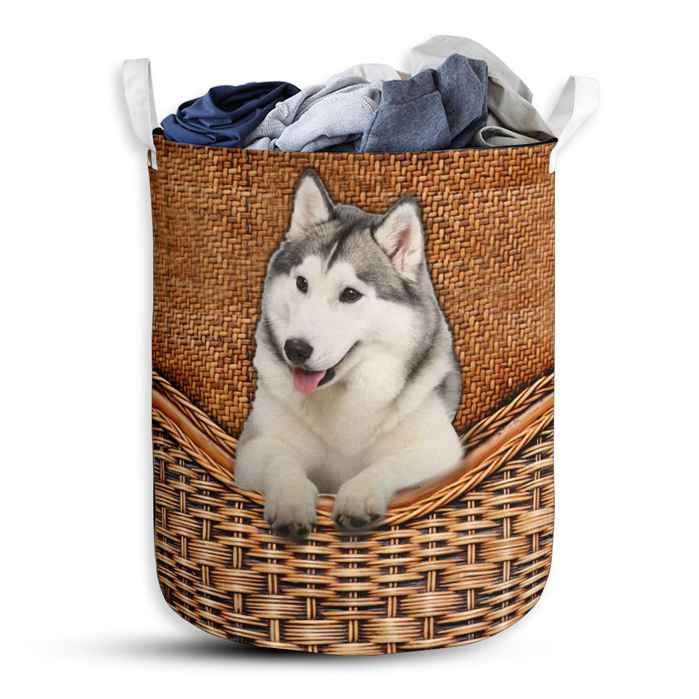 S: 17.72”x13.78” (45x35 cm) Alaskan Malamute Dog Rattan Teaxture - Laundry Basket - Owls Matrix LTD