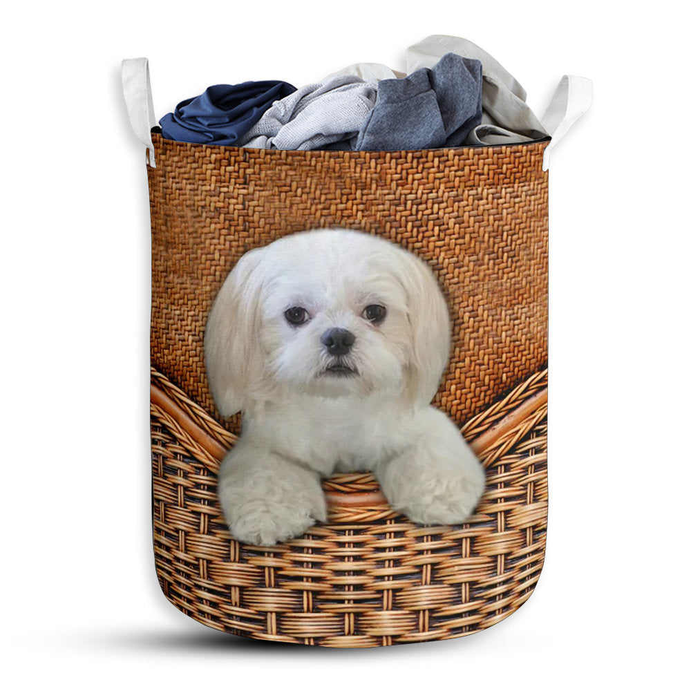 S: 17.72”x13.78” (45x35 cm) All White Shih Tzu Dog Rattan Teaxture - Laundry Basket - Owls Matrix LTD