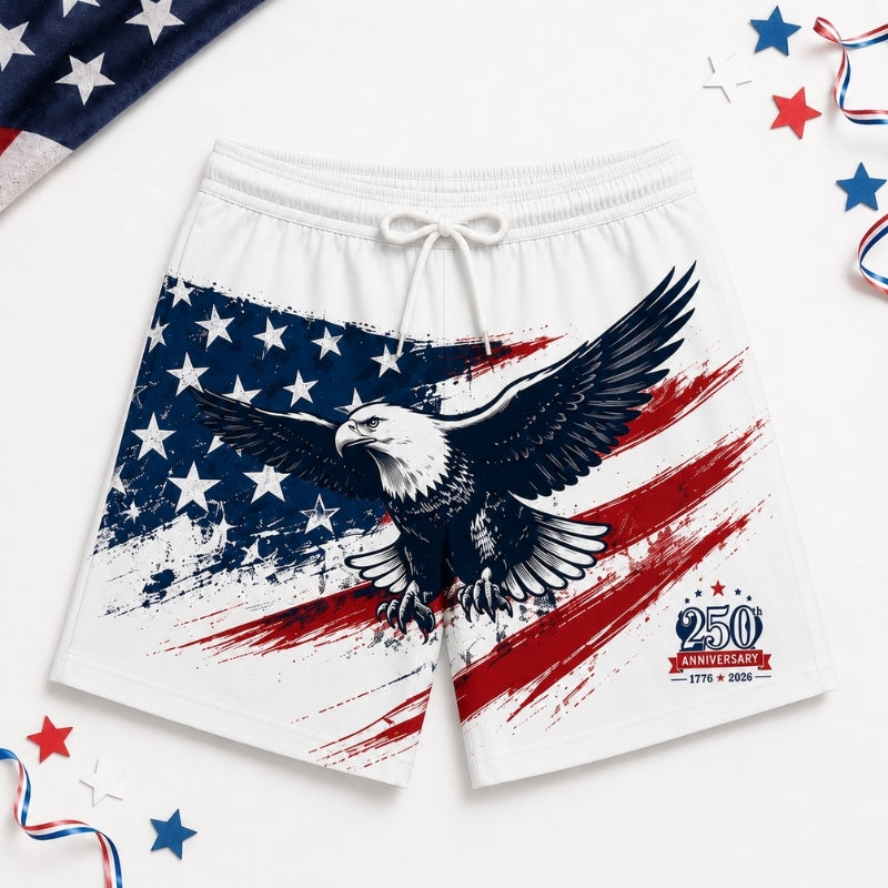 America 250th Anniversary Beach Short- Soaring Eagle Flag Art