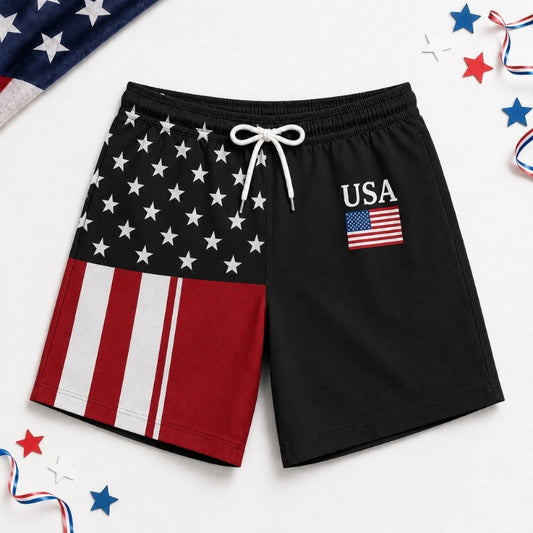 America 250th Anniversary Beach Short- Split Flag Black Print