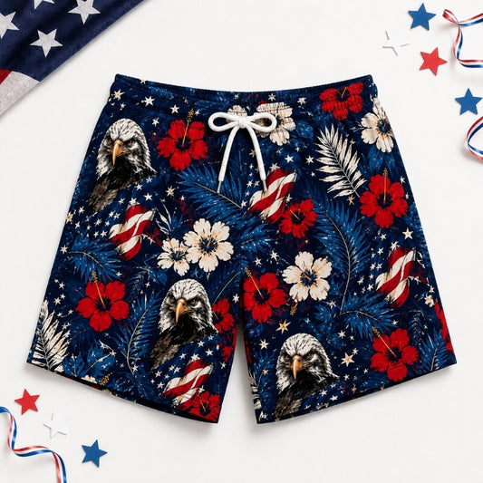 America 250th Anniversary Beach Short- Tropical Floral Eagle