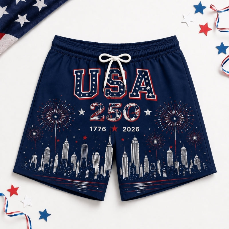 America 250th Anniversary Beach Short- USA City Skyline Print