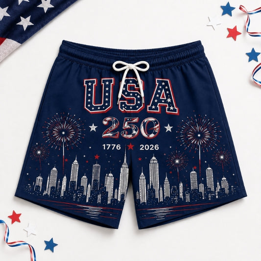 America 250th Anniversary Beach Short- USA City Skyline Print