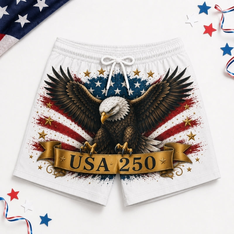 America 250th Anniversary Beach Short- USA Eagle Crest Banner