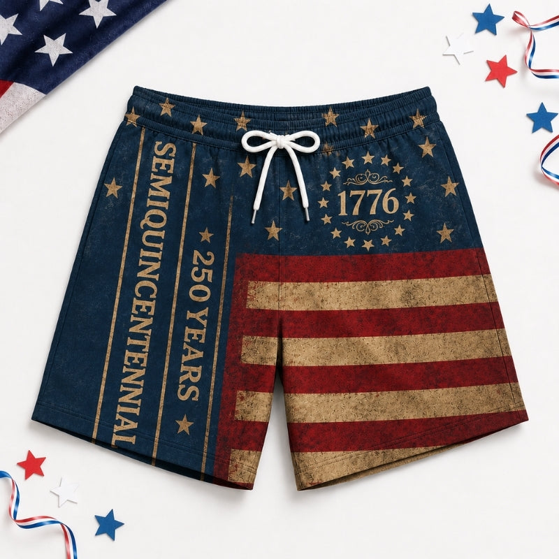 America 250th Anniversary Beach Short- Vintage Worn Flag Print