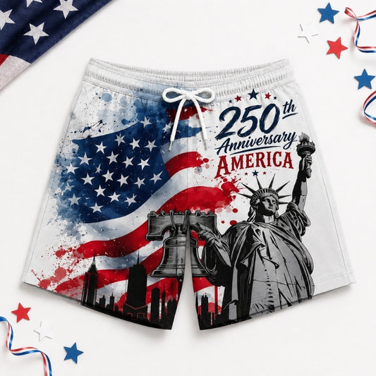 America 250th Anniversary Beach Short- Watercolor Liberty Bell