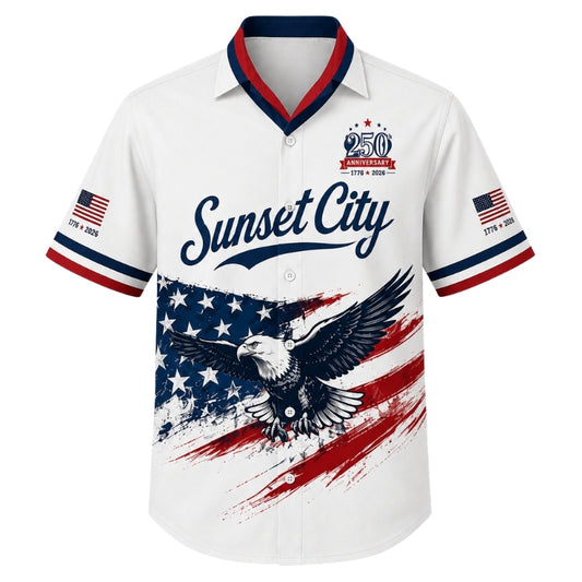 America 250th Anniversary Hawaiian Shirt - Sunset City Flag Eagle