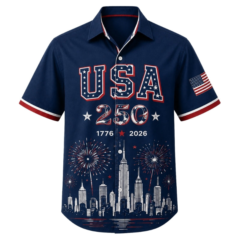 America 250th Anniversary Hawaiian Shirt- USA City Skyline Tee