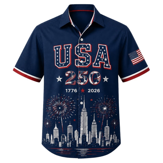 America 250th Anniversary Hawaiian Shirt - USA City Skyline Tee