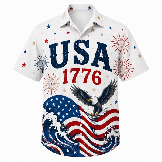 America 250th Anniversary Hawaiian Shirt - USA Eagle Ocean Wave Tee
