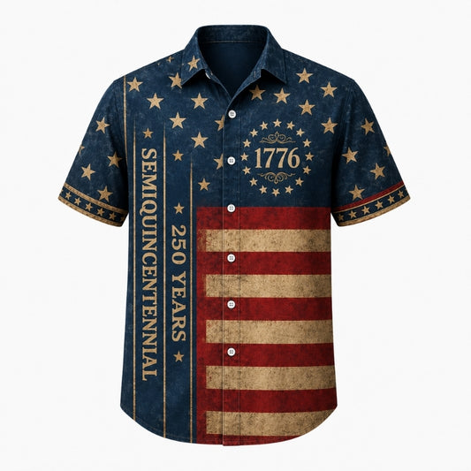 America 250th Anniversary Hawaiian Shirt - Vintage Worn Flag Tee