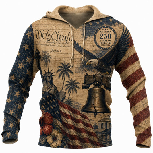 America 250th Anniversary Hoodie- Aged Constitution Eagle Liberty Bell