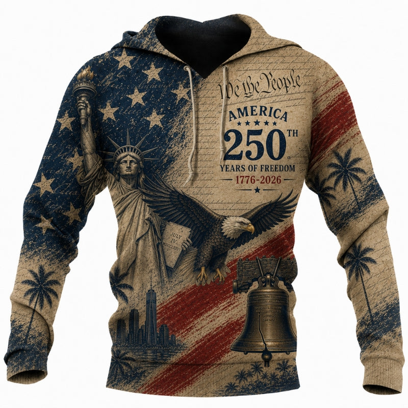America 250th Anniversary Hoodie- Aged We the People Eagle Liberty Print