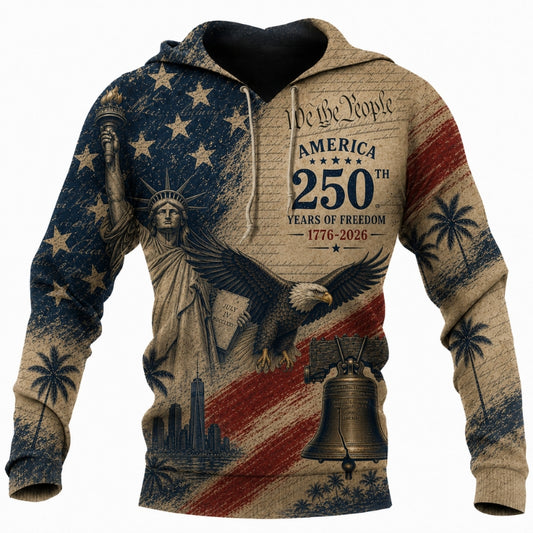 America 250th Anniversary Hoodie- Aged We the People Eagle Liberty Print