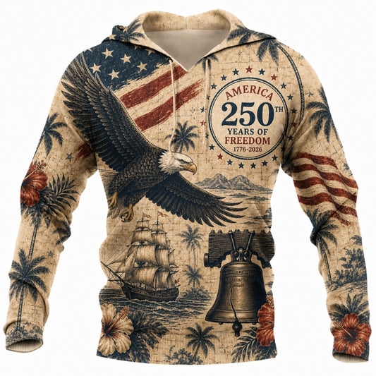 America 250th Anniversary Hoodie- Antique Map Eagle Tall Ship Print