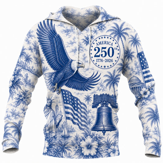 America 250th Anniversary Hoodie- Blue Toile Eagle Liberty Bell Print