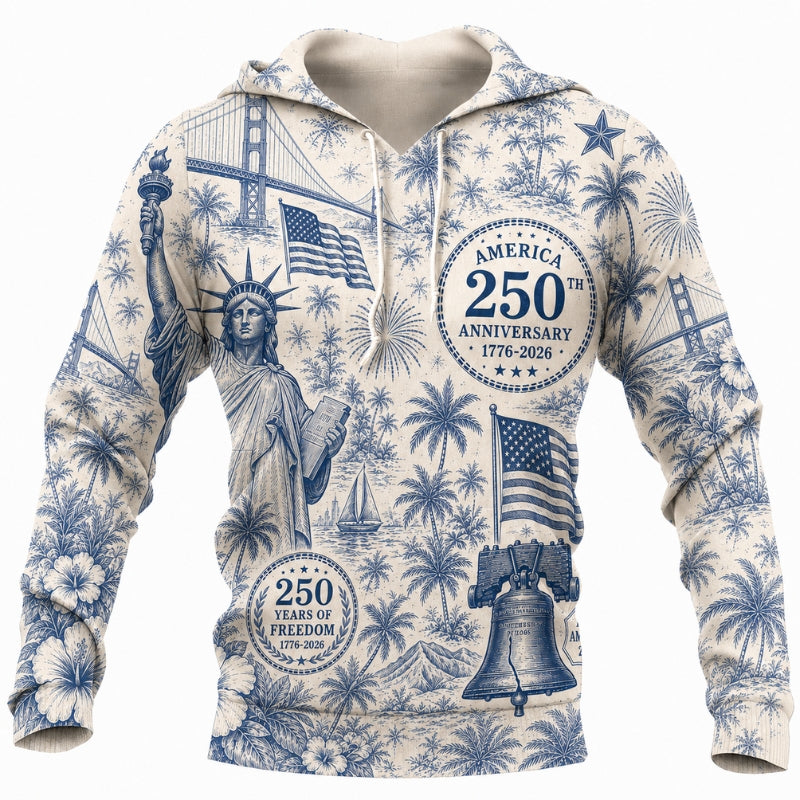 America 250th Anniversary Hoodie- Blue Toile Liberty Bridge Tropical Print