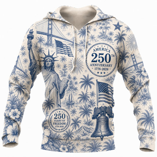 America 250th Anniversary Hoodie- Blue Toile Liberty Bridge Tropical Print