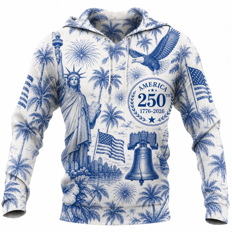 America 250th Anniversary Hoodie- Blue Toile Liberty Eagle Skyline Print
