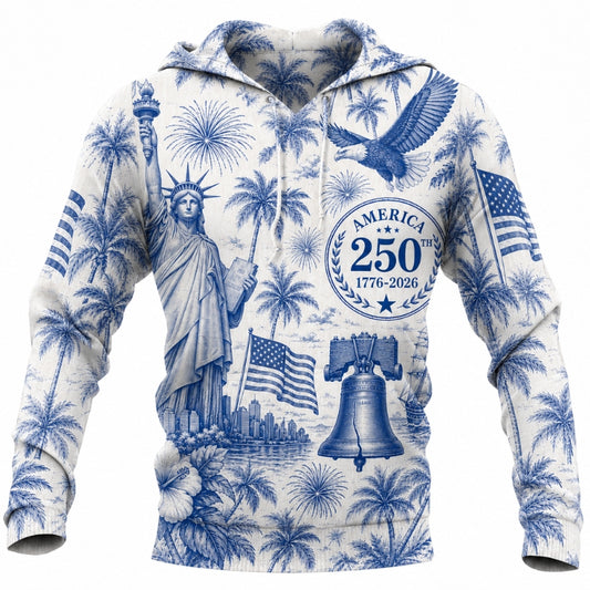 America 250th Anniversary Hoodie- Blue Toile Liberty Eagle Skyline Print