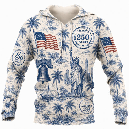 America 250th Anniversary Hoodie- Blue Toile Liberty Flags Tropical Print