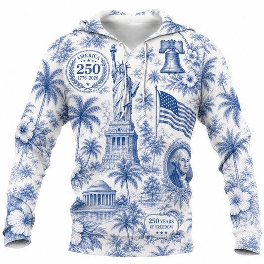 America 250th Anniversary Hoodie- Blue Toile Liberty Washington Tropical