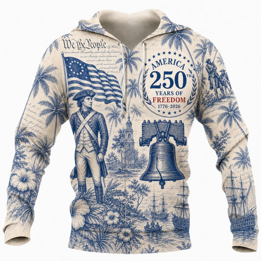 America 250th Anniversary Hoodie- Blue Toile Patriot Liberty Bell Print
