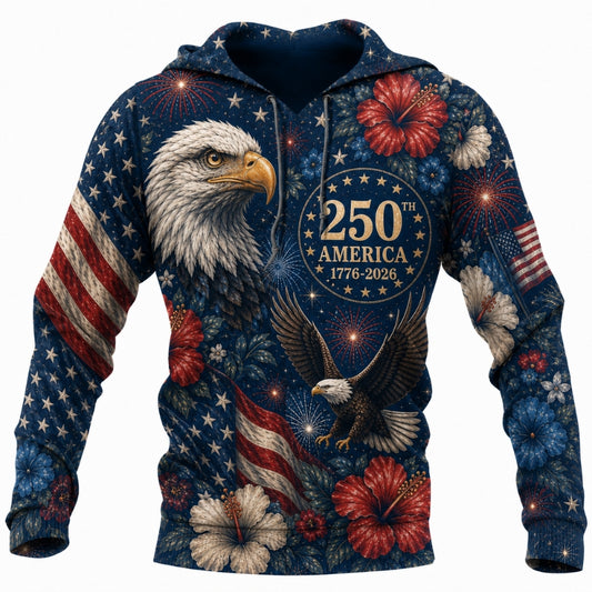 America 250th Anniversary Hoodie- Bold Eagle Head Floral Quilt Print
