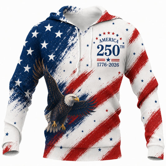 America 250th Anniversary Hoodie- Brushed Flag Flying Eagle Print