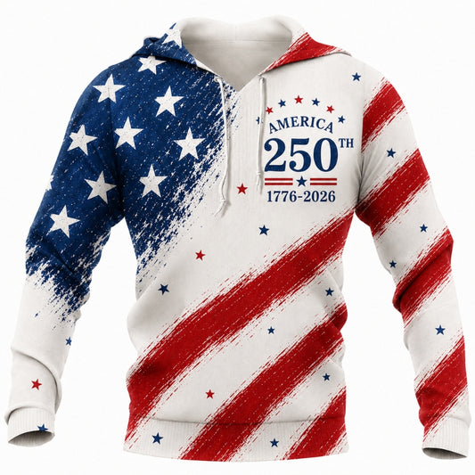 America 250th Anniversary Hoodie- Brushed Stars and Stripes Flag Print
