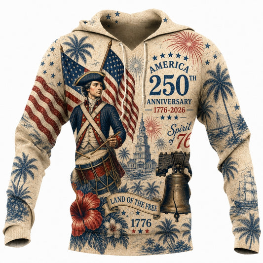 America 250th Anniversary Hoodie- Colonial Drummer Liberty Bell Tropical
