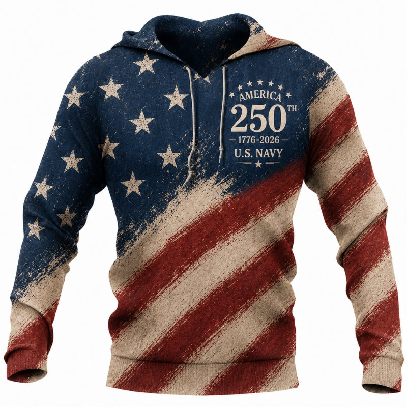 America 250th Anniversary Hoodie- Distressed US Navy Flag Print
