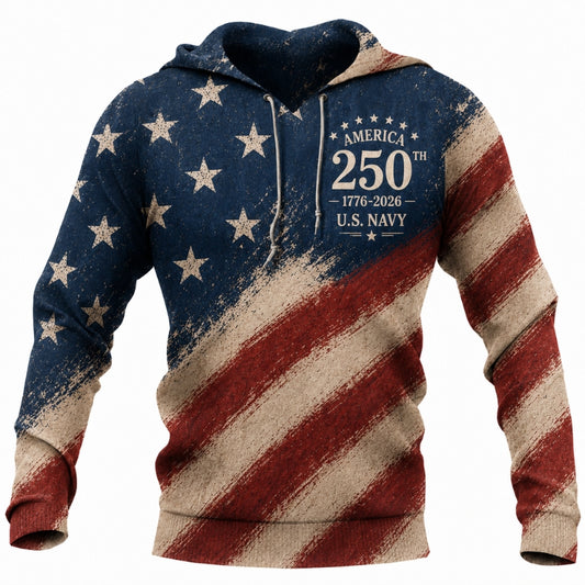 America 250th Anniversary Hoodie- Distressed US Navy Flag Print