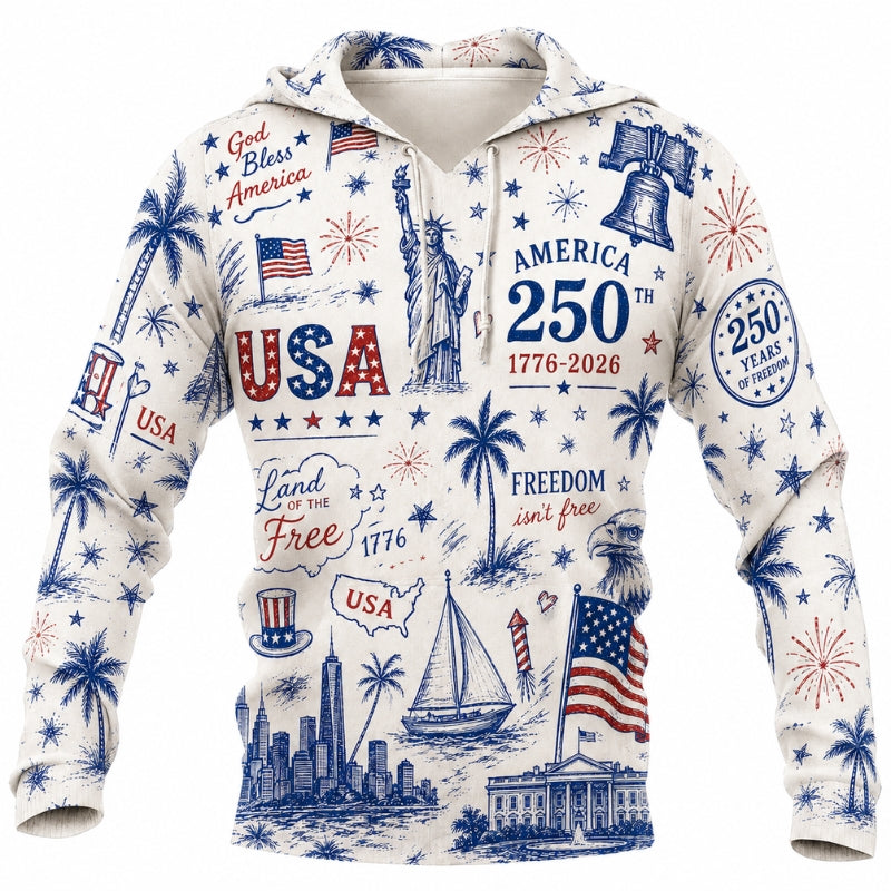 America 250th Anniversary Hoodie- Doodle USA Skyline Sailboat Print