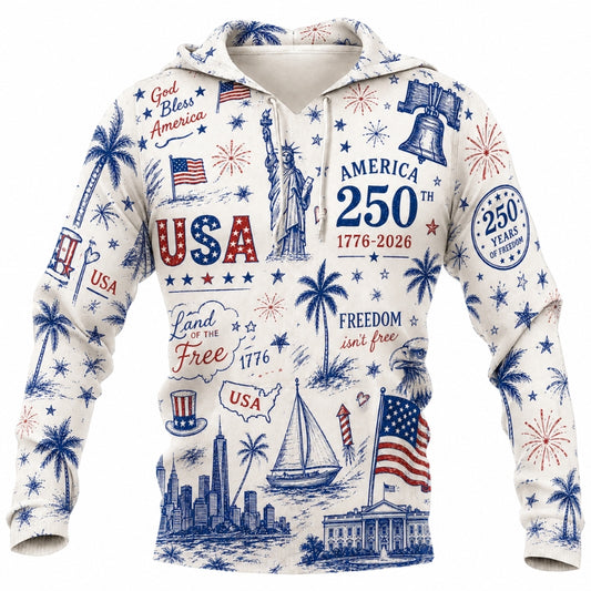 America 250th Anniversary Hoodie- Doodle USA Skyline Sailboat Print