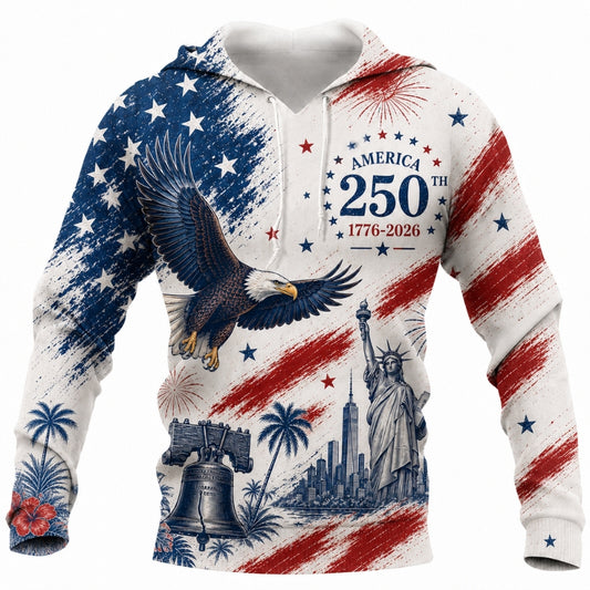 America 250th Anniversary Hoodie- Grunge Eagle Flag Skyline Print