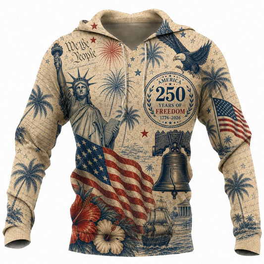 America 250th Anniversary Hoodie- Heritage We the People Eagle Flag Print