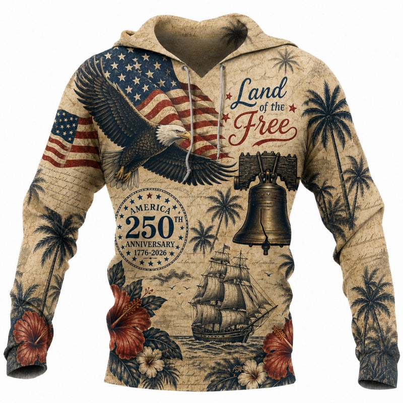 America 250th Anniversary Hoodie- Land of the Free Eagle Tall Ship Print