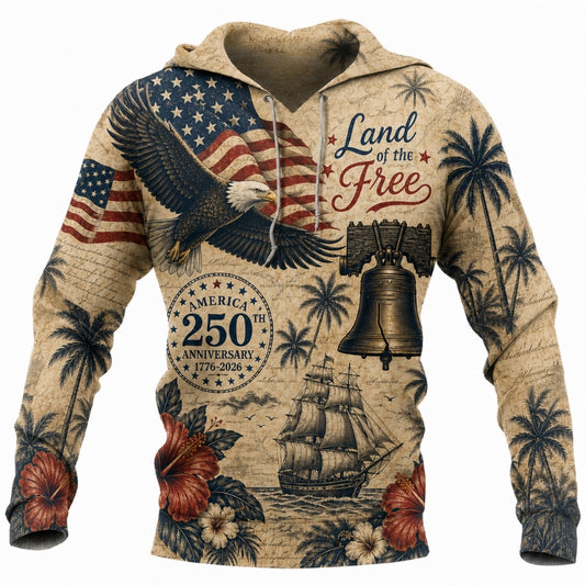 America 250th Anniversary Hoodie- Land of the Free Eagle Tall Ship Print