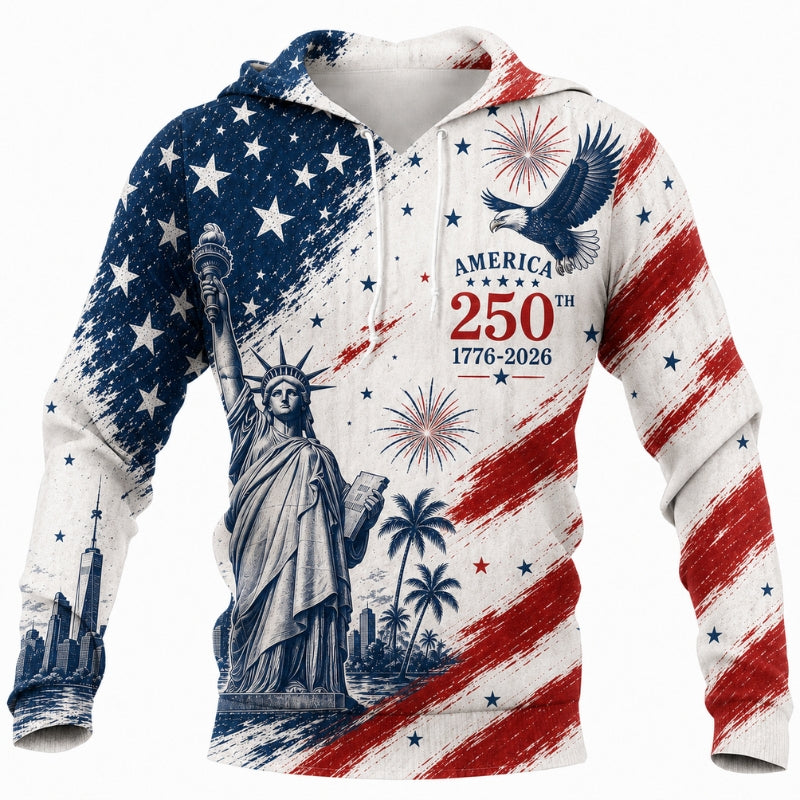 America 250th Anniversary Hoodie- Liberty Statue Brushed Flag Eagle Print
