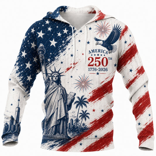 America 250th Anniversary Hoodie- Liberty Statue Brushed Flag Eagle Print