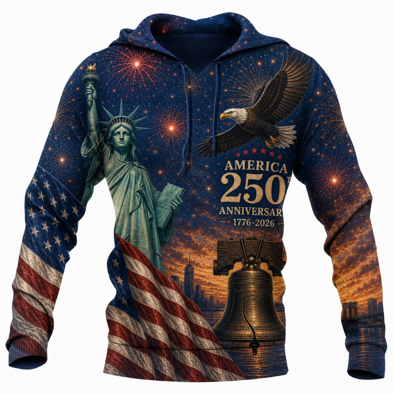 America 250th Anniversary Hoodie- Liberty Statue Eagle Bridge Sunset Print
