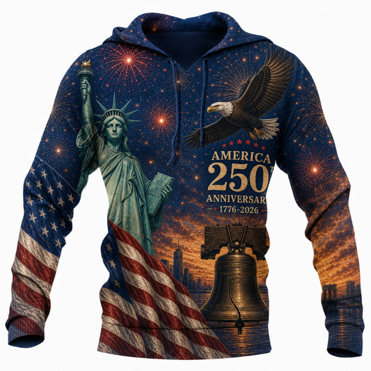 America 250th Anniversary Hoodie- Liberty Statue Eagle Bridge Sunset Print
