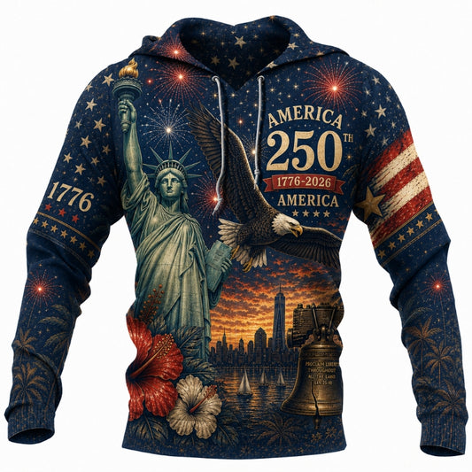 America 250th Anniversary Hoodie- Liberty Statue Eagle Skyline Sunset Print