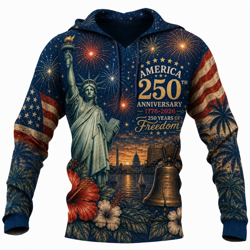 America 250th Anniversary Hoodie- Liberty Statue Fireworks Capitol Print