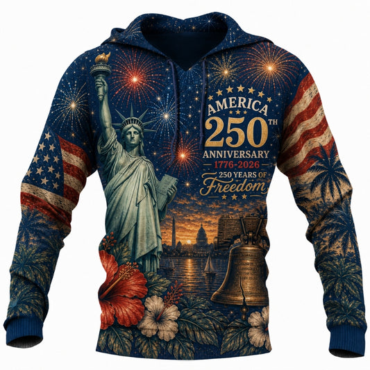 America 250th Anniversary Hoodie- Liberty Statue Fireworks Capitol Print
