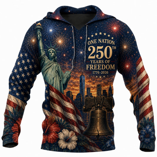 America 250th Anniversary Hoodie- One Nation Liberty Statue Sunset Print