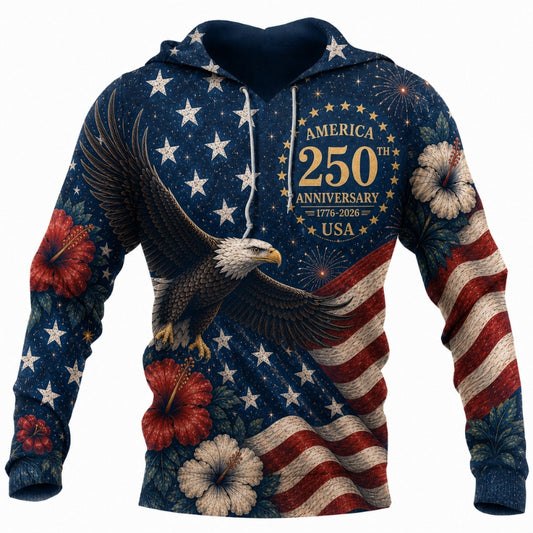 America 250th Anniversary Hoodie- Quilted Eagle Flag Hibiscus Print