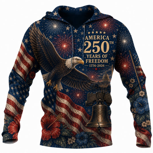 America 250th Anniversary Hoodie- Royal Eagle Fireworks Floral Print